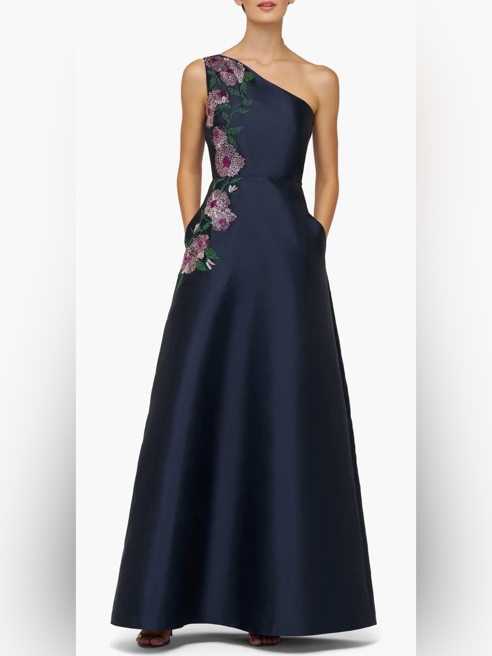 NEW KAY UNGER GIADA one shoulder Dark midnight navy gown SZ 14